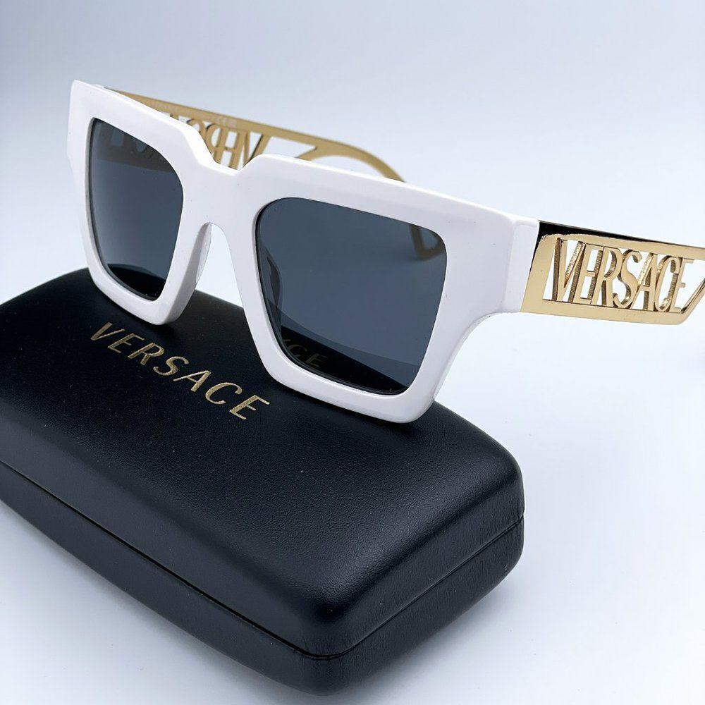 NEW Versace VE4431 401/87 White Gold Logo Dark Grey Square Women Sunglasses - Picture 10 of 12